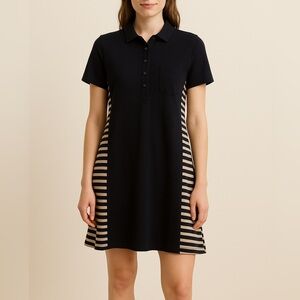 Akris Punto Striped Panel Polo Dress in Navy Taupe Small Preppy Nautical